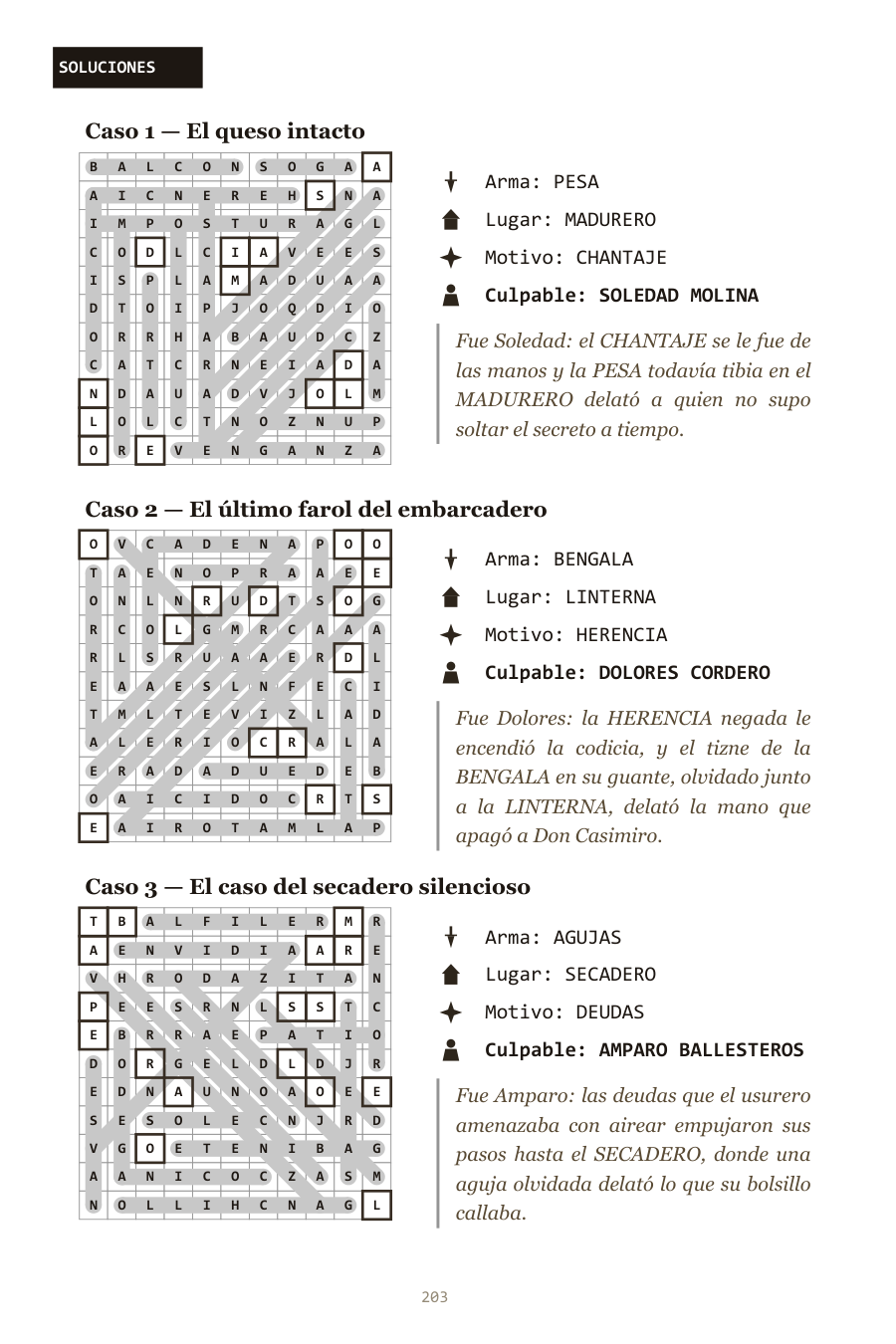Vistazo a la solución — una página de solución con la cuadrícula resuelta y el culpable descubierto